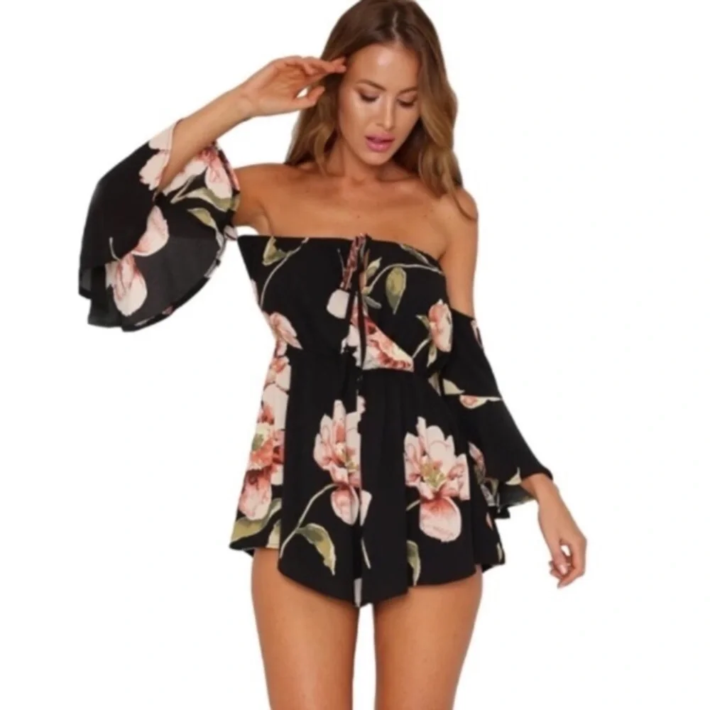 Off Shoulder Bell Sleeve Black Floral Romper - Picture 2 of 7